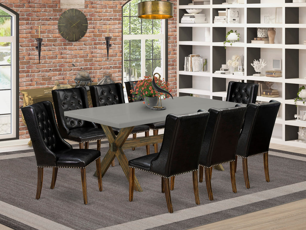 X797FKD3P-N 9 Piece Dining Ensemble with Black Faux Leather Parson Chairs and Rectangular Table with X-Legs, 40x72
