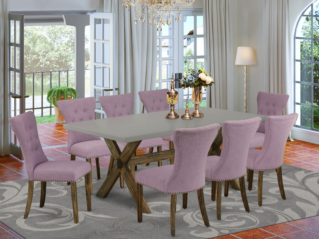 X797G2YHL-Z 9-Piece Dining Ensemble with X-Leg Table and 8 Dahlia Linen Chairs, Multi-Color, 40x72 Inches