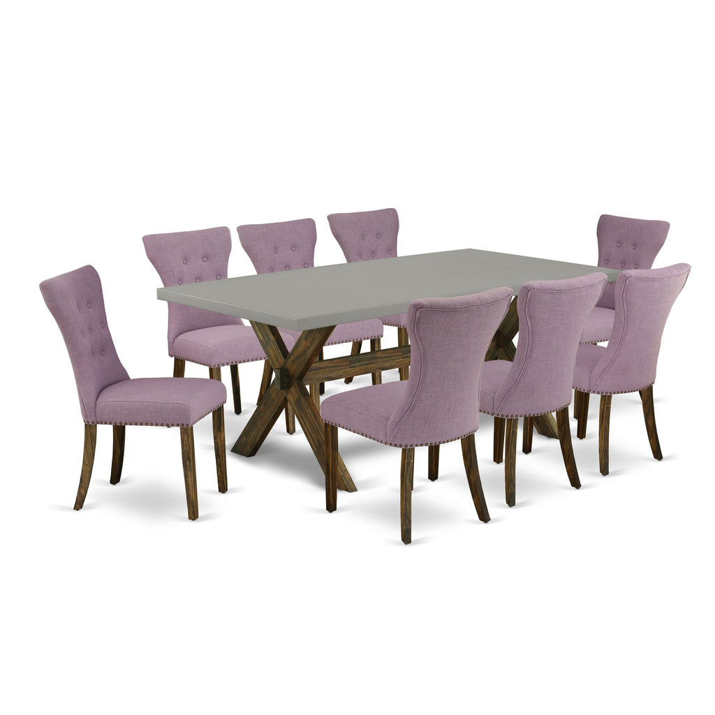 X797G2YHL-Z 9-Piece Dining Ensemble with X-Leg Table and 8 Dahlia Linen Chairs, Multi-Color, 40x72 Inches
