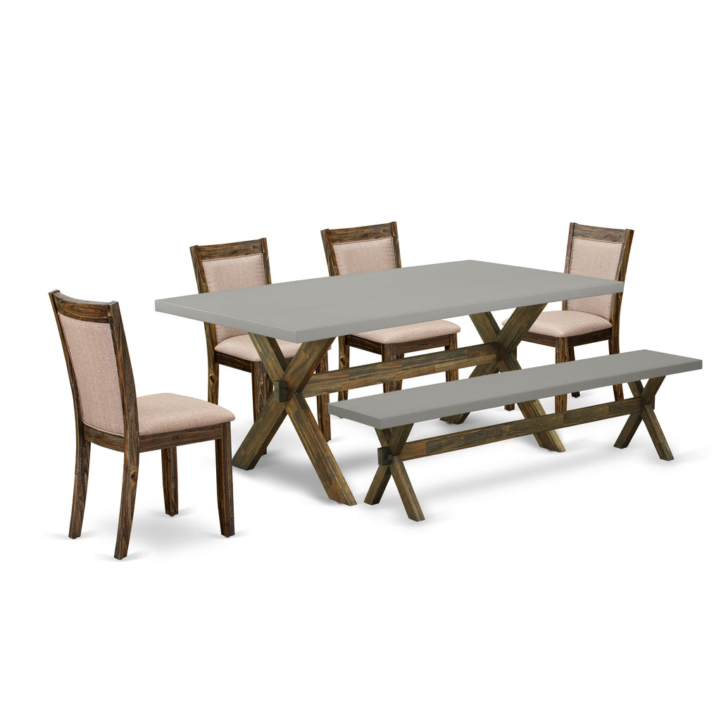X797MU4EH-4 6 Pc Rectangle Dining Table Set X-Leg, Elegant Dark Khaki Chairs & Bench, 40x72 Multicolor