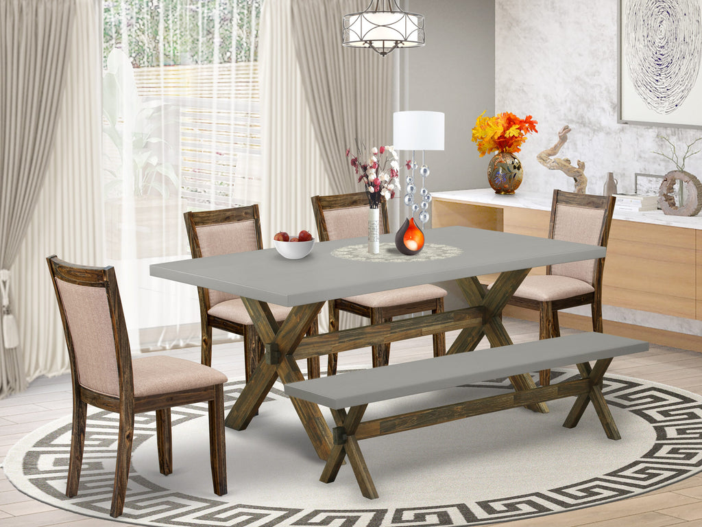 X797MU4EH-4 6 Pc Rectangle Dining Table Set X-Leg, Elegant Dark Khaki Chairs & Bench, 40x72 Multicolor