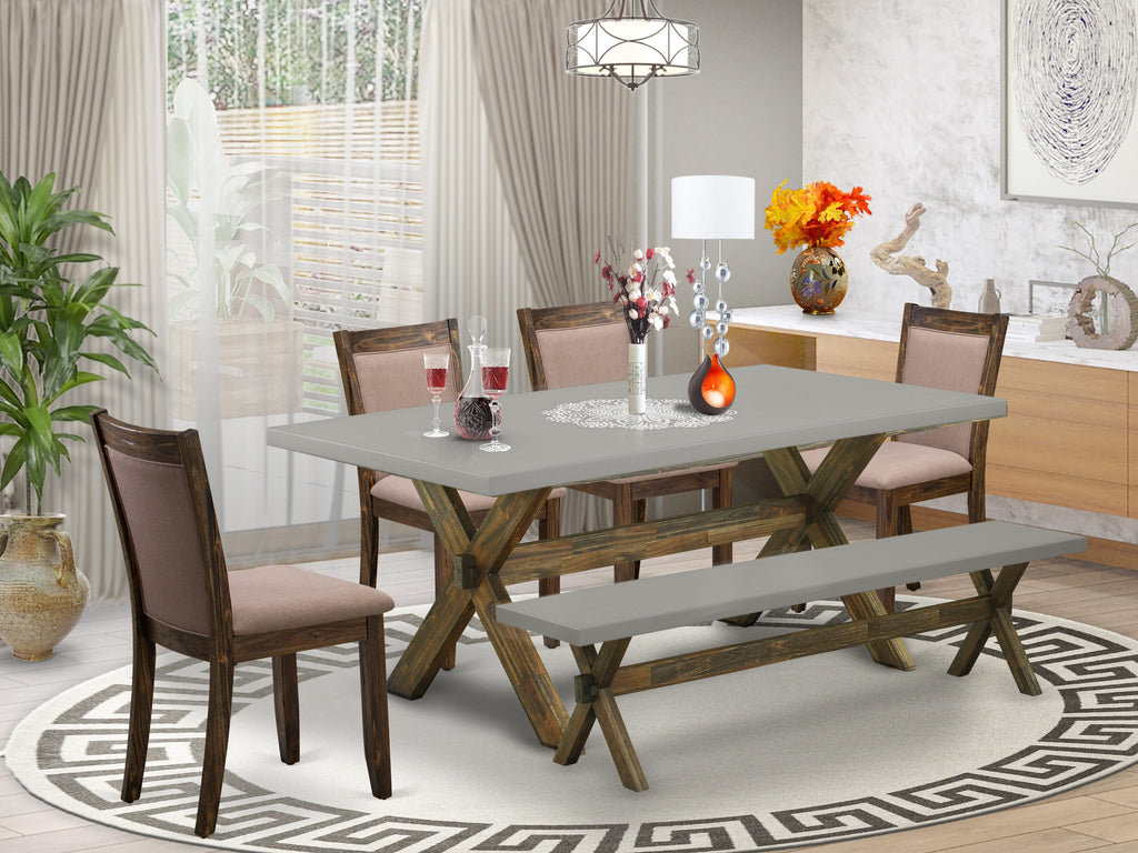 X797MIJ5D-N 6-Piece Dining Suite with Rectangle Table, Coffee Fabric Chairs & Bench, 40x72 Inches, Multi-Color
