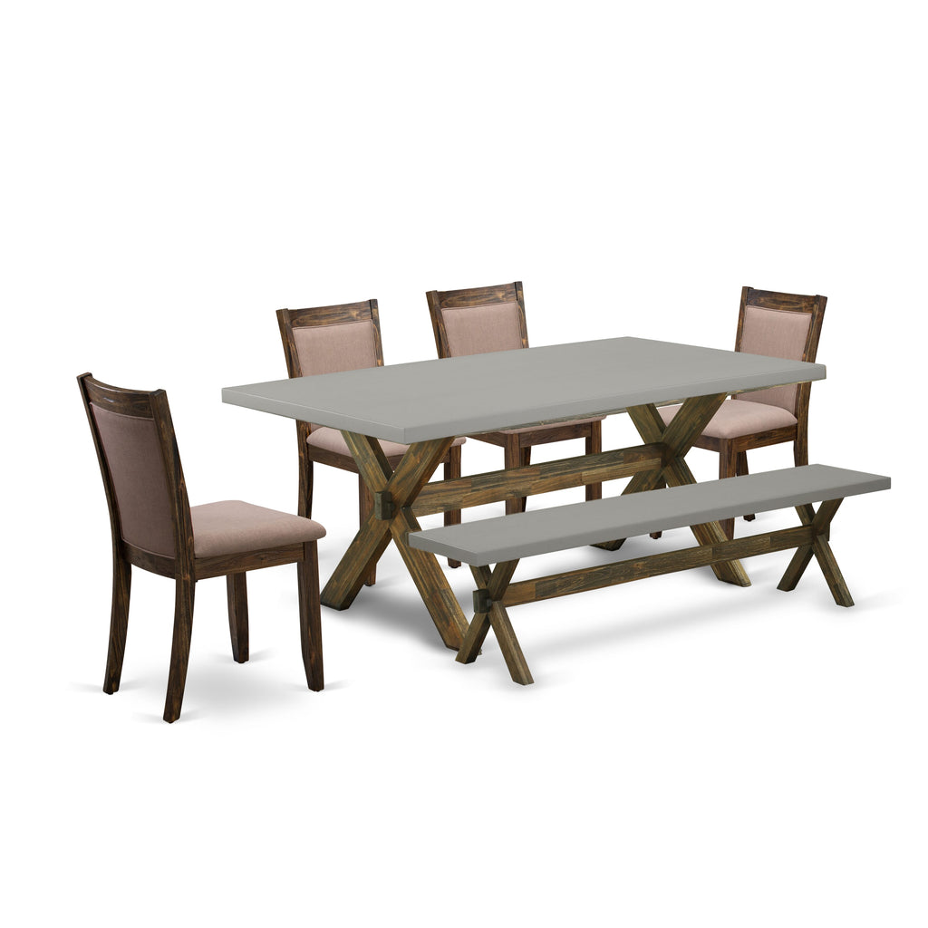 X797MIJ5D-N 6-Piece Dining Suite with Rectangle Table, Coffee Fabric Chairs & Bench, 40x72 Inches, Multi-Color