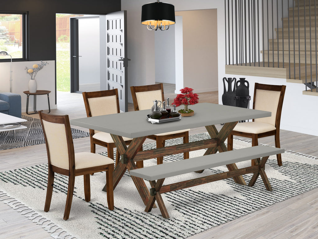 X797M7NNN-5 Dining Set with X-Leg Table, Linen Chairs & Bench, 6 Pieces, Multi-Color, 40x72 Inch