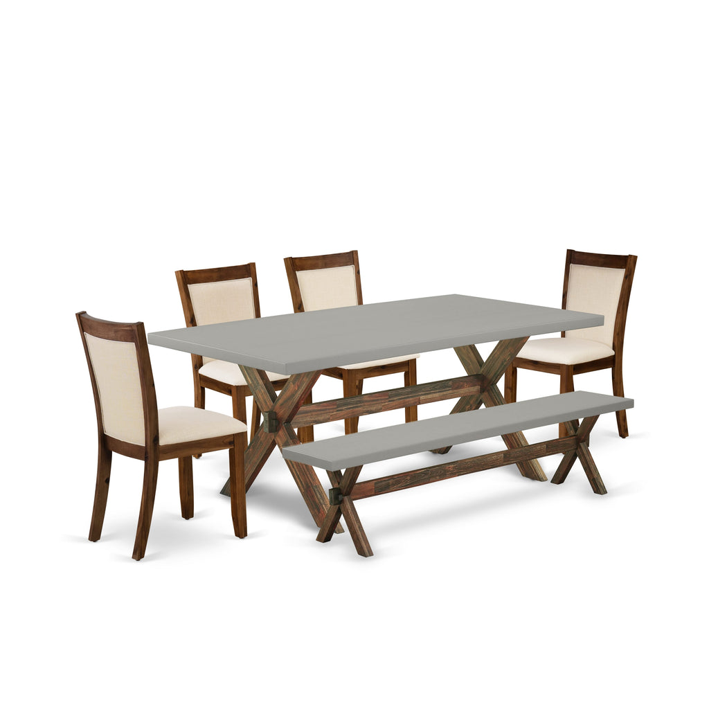 X797M7NNN-5 Dining Set with X-Leg Table, Linen Chairs & Bench, 6 Pieces, Multi-Color, 40x72 Inch