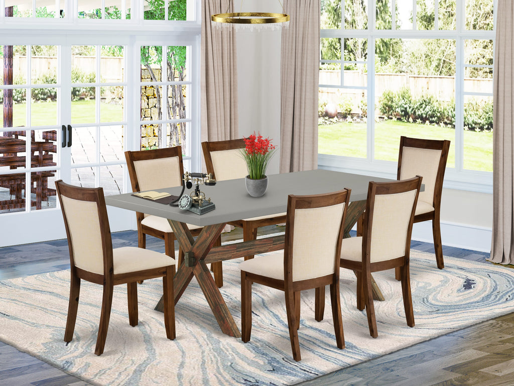 X797MZPZM-5 Dining Room Set Table & 6 Linen Chairs in Light Beige and Multi Shades
