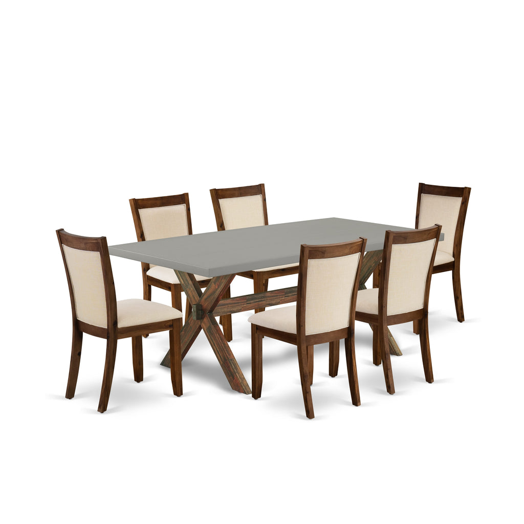 X797MZPZM-5 Dining Room Set Table & 6 Linen Chairs in Light Beige and Multi Shades