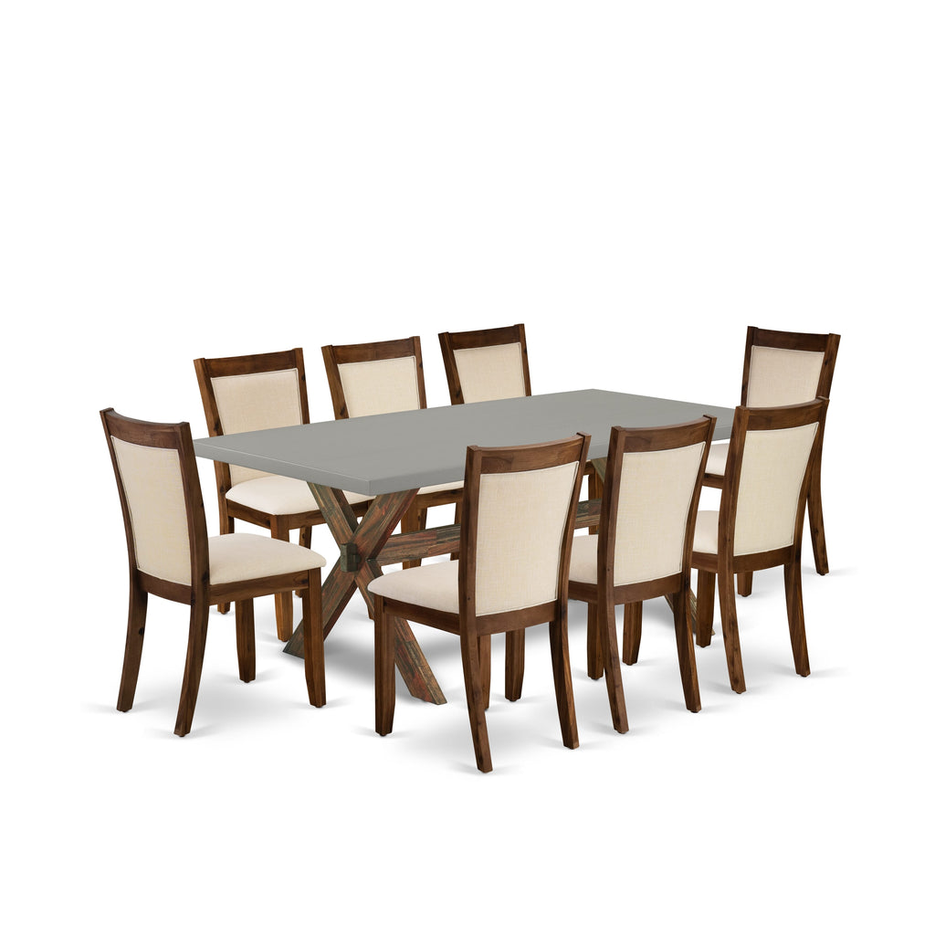 X797M01FK-4 Luxe Dining Collection 9-Piece Set with Rectangle Table and X-Leg Design, Featuring 8 Beige Upholstered Chairs - Multi-Color Ensemble, 40x72 Inches