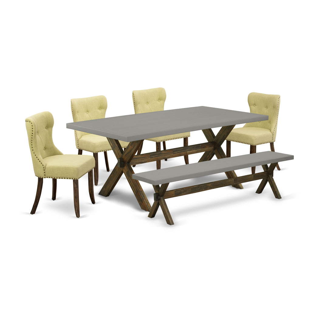 X797SZXUL-M Elegant 6 Seat Dining Arrangement Featuring Rectangular Table and Upholstered Linen Chairs with Bench, 40x72, Multi-Color Charm