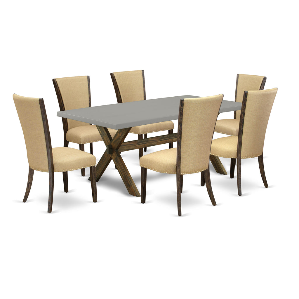X797VI1JP-O 7-Piece Dining Collection Elegant Table with X-Legs and 6 Upholstered Parson Chairs in Brown Linen, 40x72 Multi-Color Design