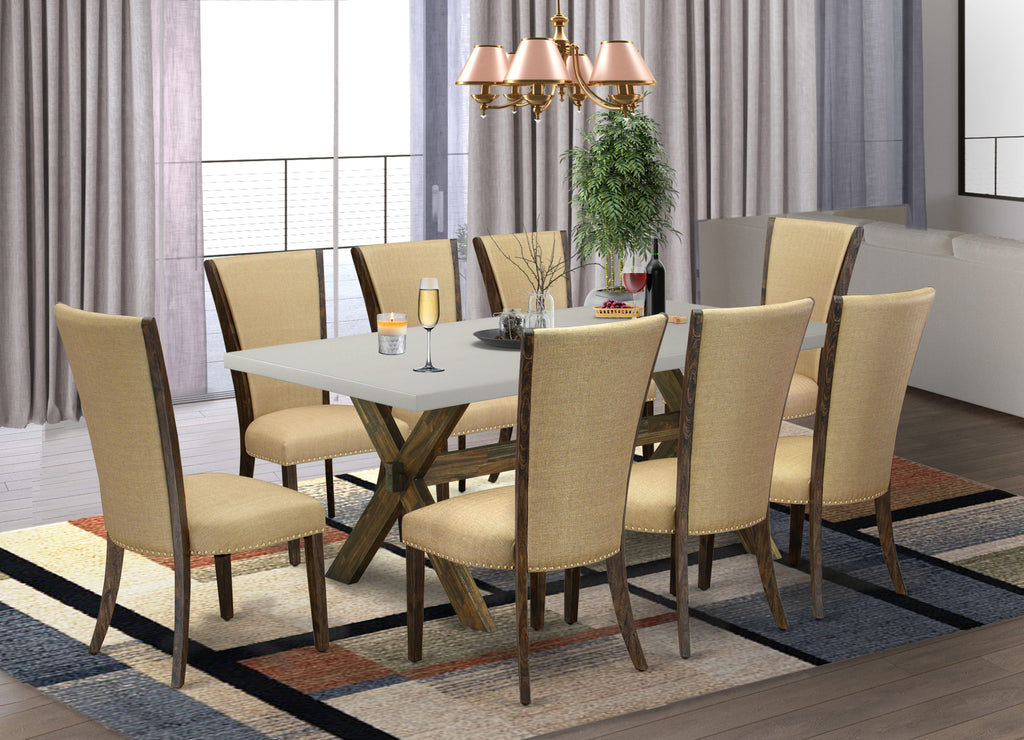 X797V0PTJ-E 9-Piece Dining Ensemble Rectangle Table & X-Legs with Brown Chairs - 40x72 Multi-Color Design