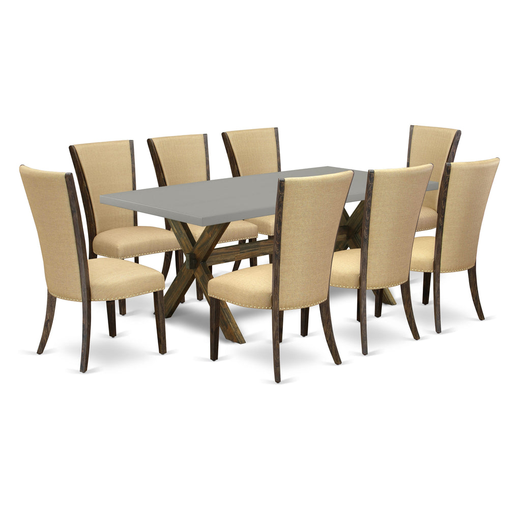 X797V0PTJ-E 9-Piece Dining Ensemble Rectangle Table & X-Legs with Brown Chairs - 40x72 Multi-Color Design