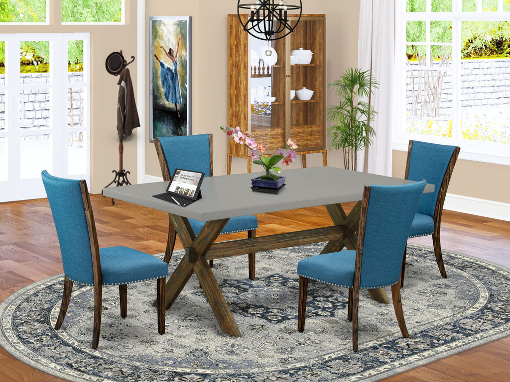 X797VRF7E-G Stylish 5-Piece Dining Set - X-leg Table & Blue Fabric Parson Chairs - 72-Inch Multi-color Design