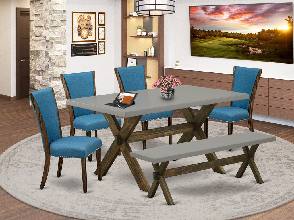 X797VEUKW-F Exclusive 6-Piece Dining Collection Rectangular Table with X-Legs, Blue Linen Chairs & Bench