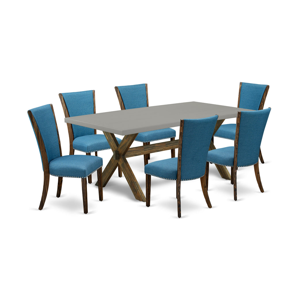 X797VG9UD-C 7-Piece Chic Dining Ensemble Rectangular Table with X-Legs and 6 Blue Parson Chairs