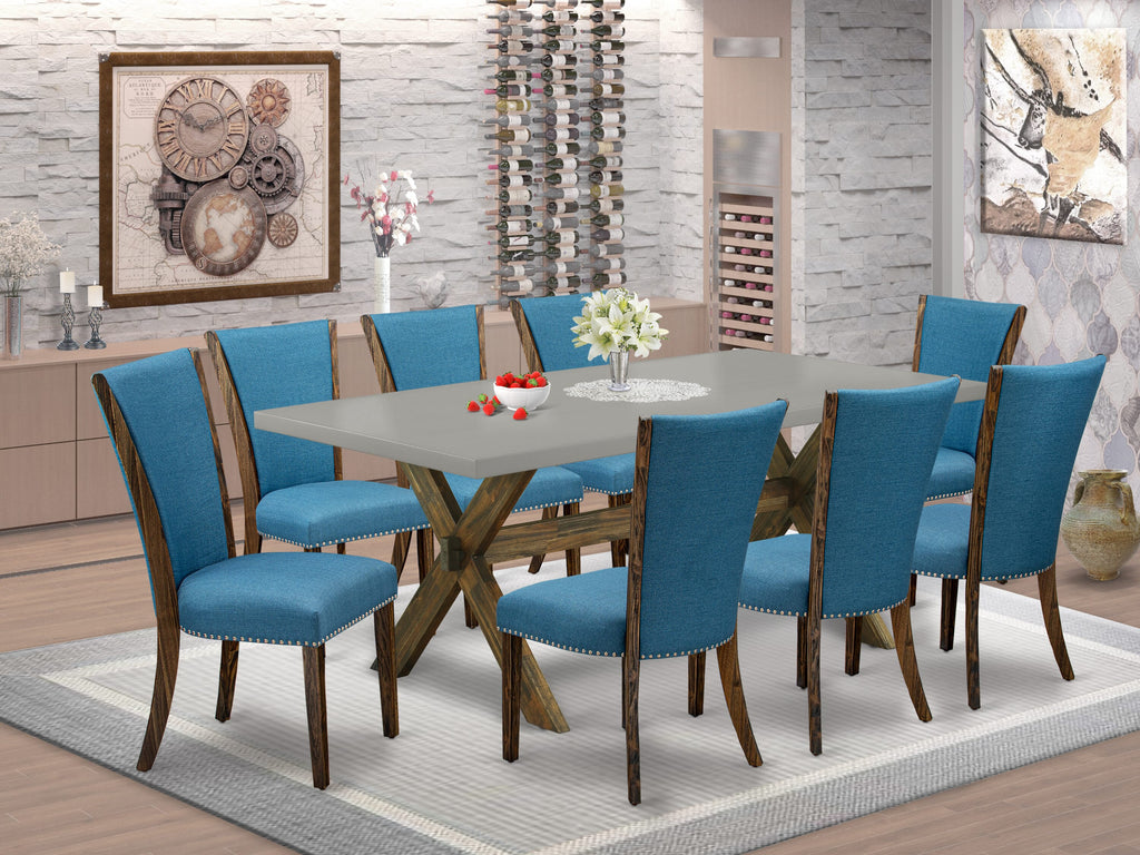 X797V7DNX-X Elegant Dining Ensemble 9 Piece Set with X-Legged Table and 8 Blue Linen Chairs, 40x72 Multi-Tone