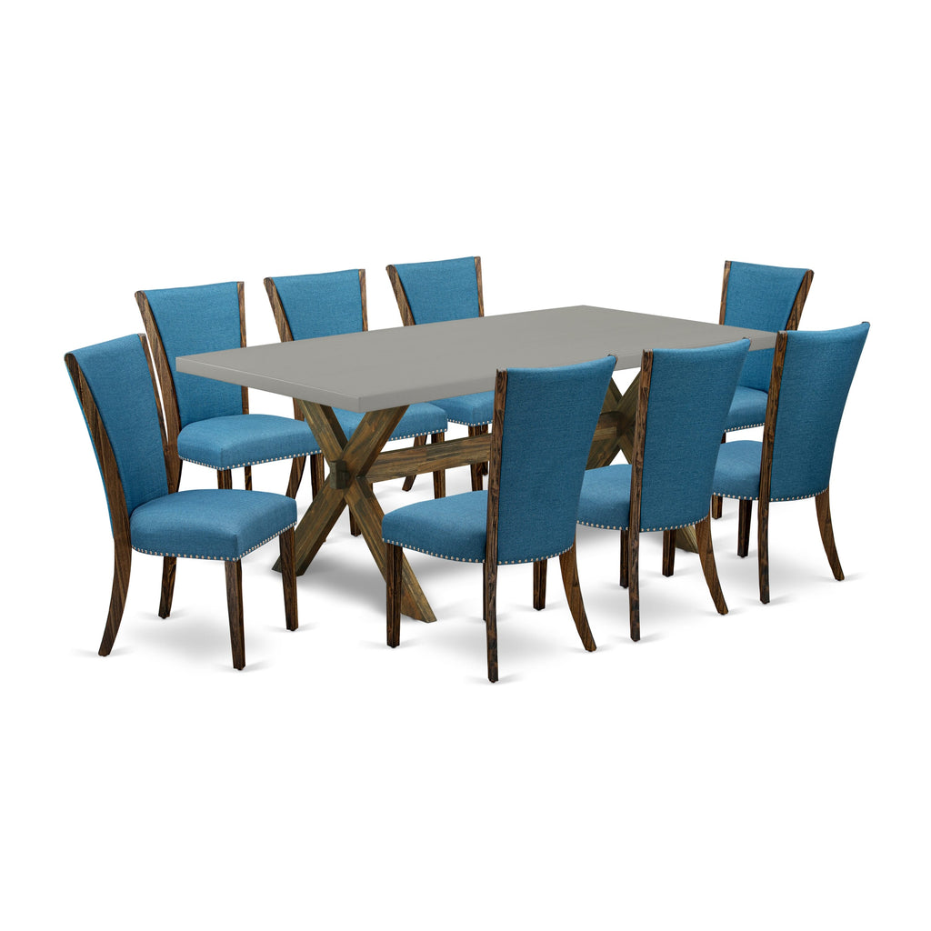 X797V7DNX-X Elegant Dining Ensemble 9 Piece Set with X-Legged Table and 8 Blue Linen Chairs, 40x72 Multi-Tone