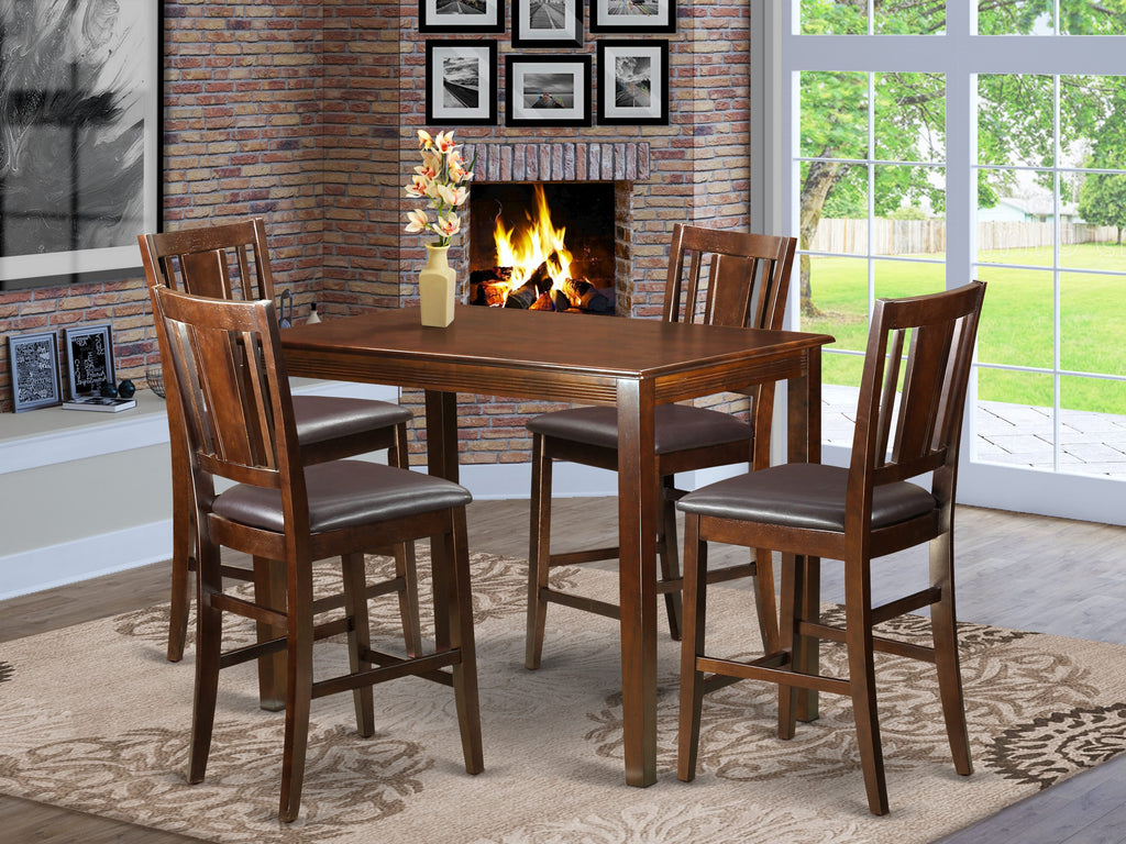 YABU5-JMJ-Z9 5 Piece Counter Pub Set with Rectangle Dining Table & 4 Faux Leather Chairs, 30x48 Mahogany