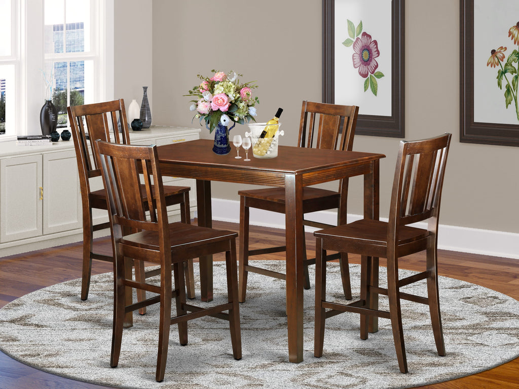YABU5-87G-M 5-Piece Rectangle Pub Table Set with High Dining Chairs, 30x48 Inch, Rich Mahogany
