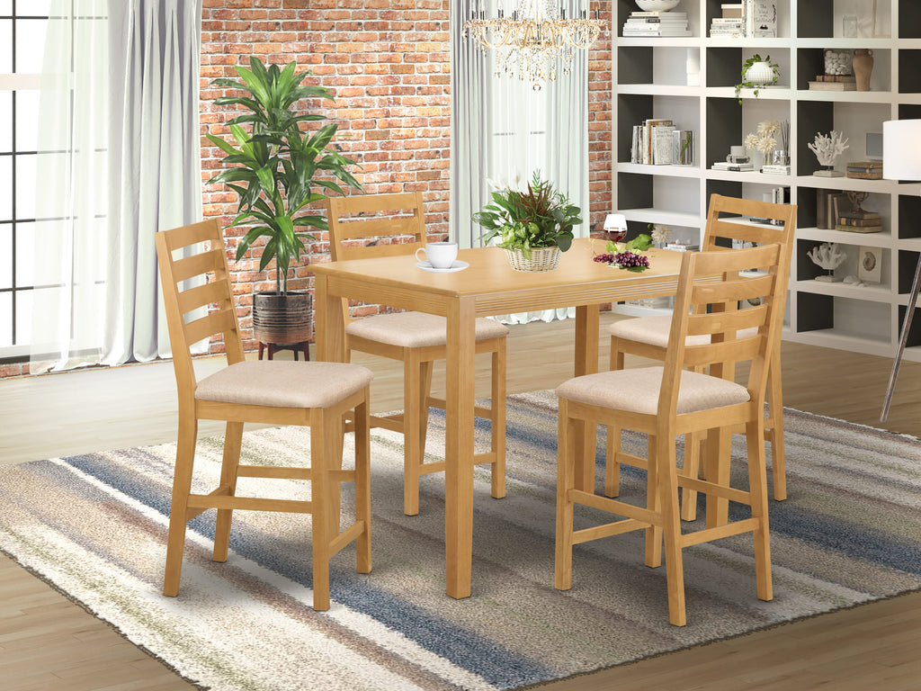YACF5-L9R-1 Top-tier Dining Ensemble Rectangular Table & Four Upholstered Chairs - Oak Finish