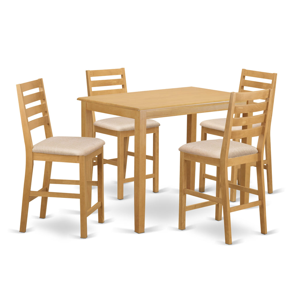 YACF5-L9R-1 Top-tier Dining Ensemble Rectangular Table & Four Upholstered Chairs - Oak Finish