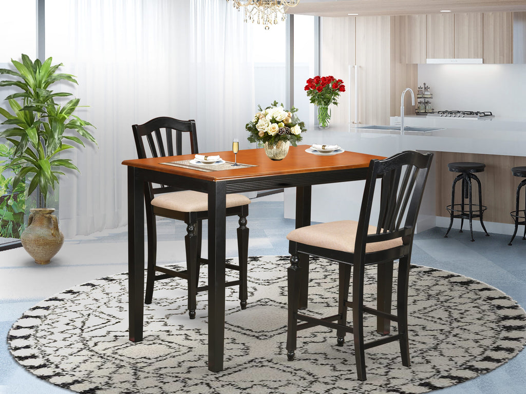 YACH3-6LI-8 3-Piece Counter Table Set with Rectangle Top & Linen Chairs in Black & Cherry Finish