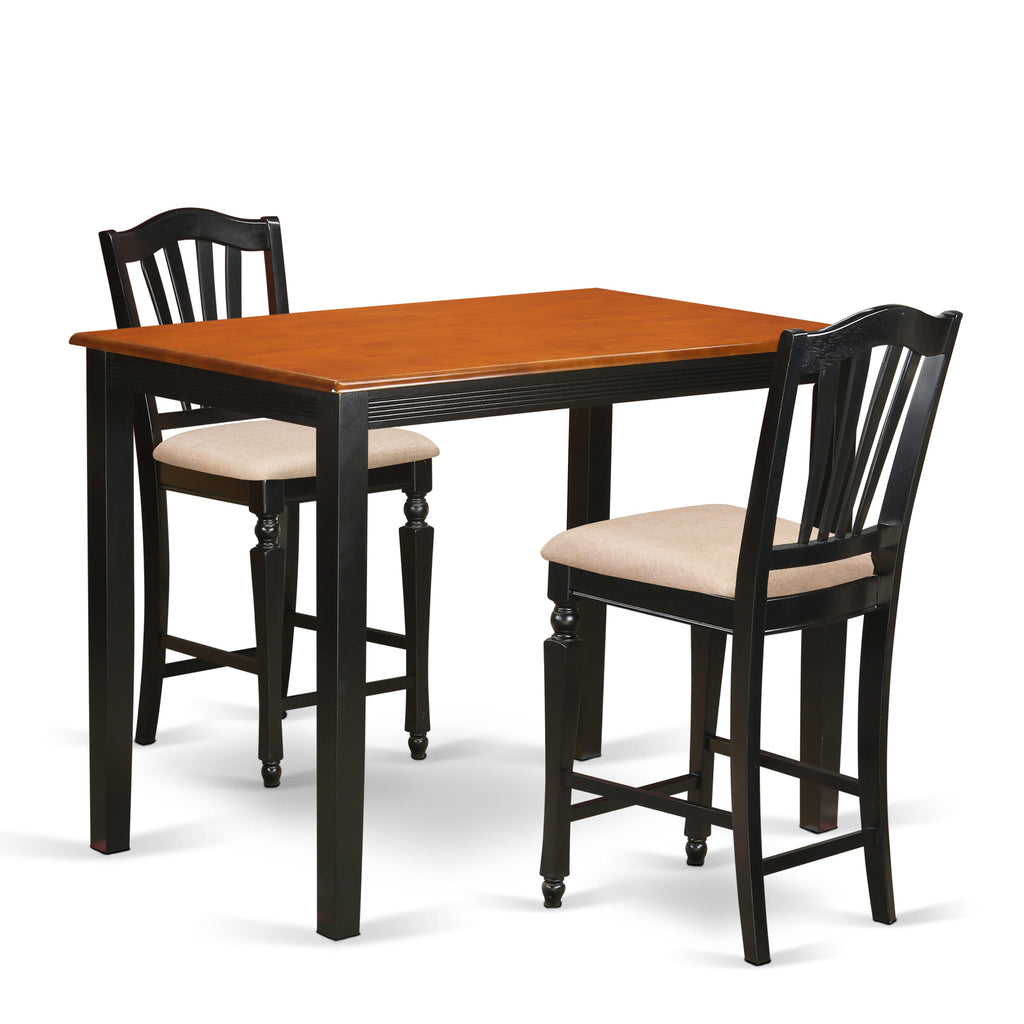 YACH3-6LI-8 3-Piece Counter Table Set with Rectangle Top & Linen Chairs in Black & Cherry Finish