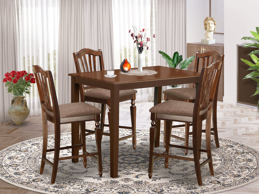 YACH5-YEY-E 5-Piece High Table Set with Rectangular Counter and Linen Chairs in Rich Mahogany Finish, 30x48 Inch