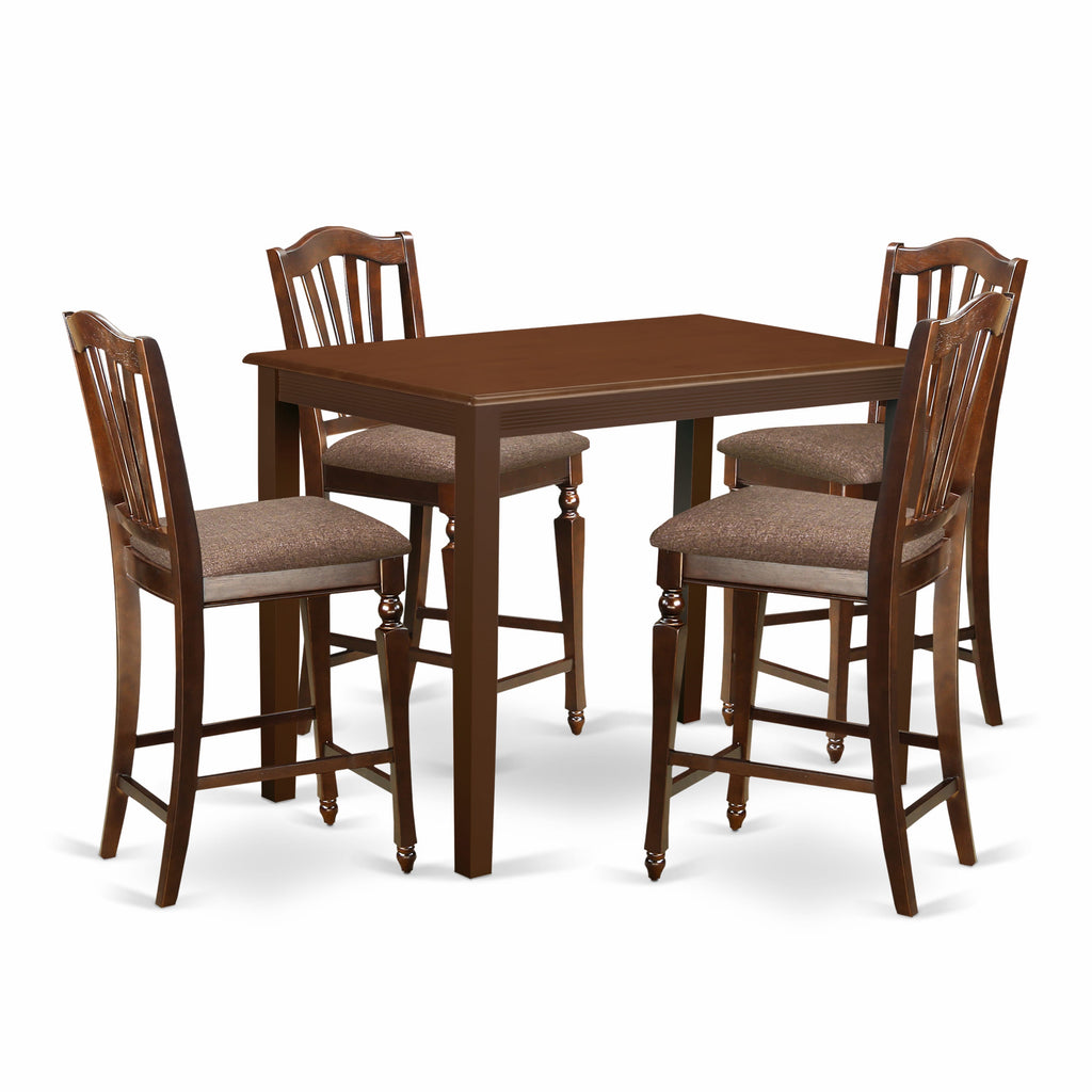 YACH5-YEY-E 5-Piece High Table Set with Rectangular Counter and Linen Chairs in Rich Mahogany Finish, 30x48 Inch