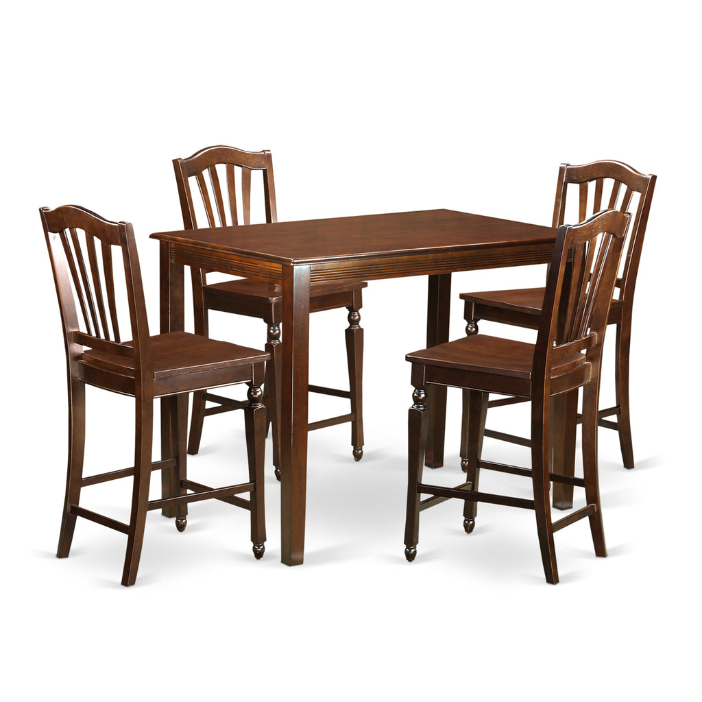YACH5-VYO-6 5-Piece Counter Dining Ensemble with Rectangular High Table and Wooden Seat Chairs, Mahogany Flair