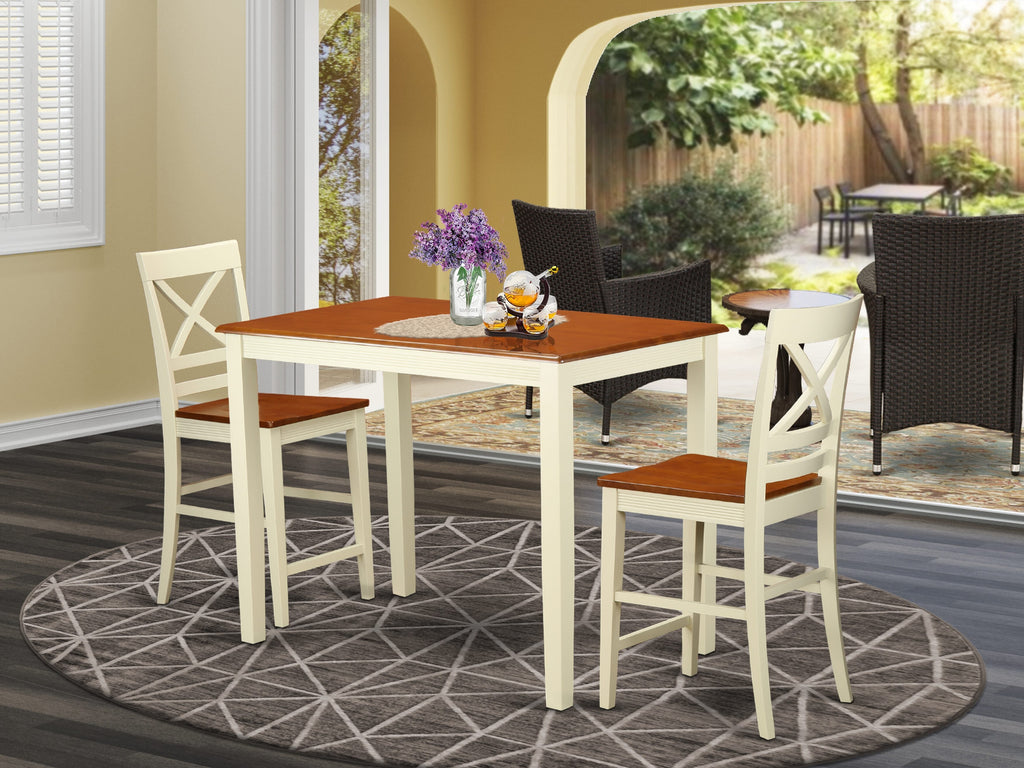YAQU3-F8M-F 3 Piece High-Top Dining Set with Rectangular Table & 2 Chairs, Buttermilk & Cherry