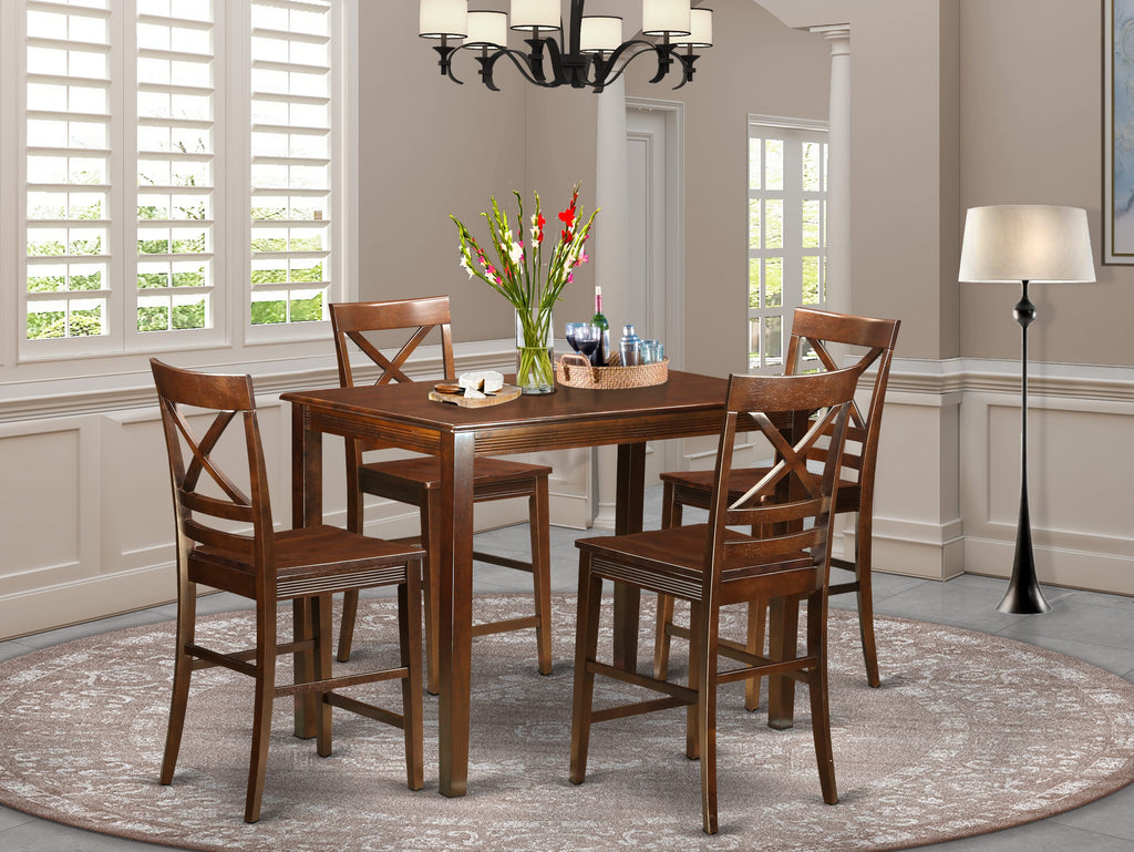 YAQU5-H38-D Premium 5-Piece High Top Dining Ensemble with Rectangular Table & 4 Classic Chairs, Mahogany
