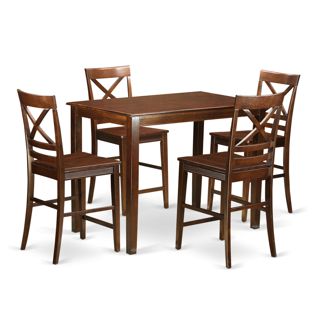YAQU5-H38-D Premium 5-Piece High Top Dining Ensemble with Rectangular Table & 4 Classic Chairs, Mahogany