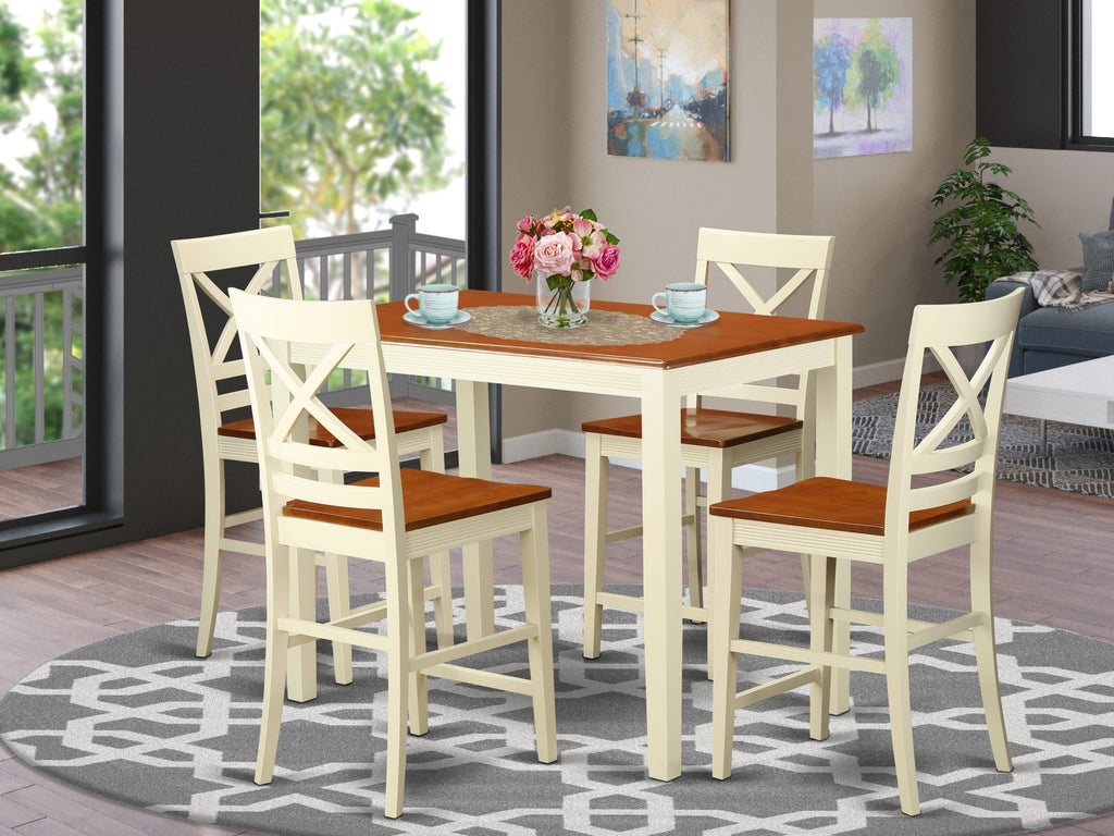 YAQU5-V59-R Dining Ensemble 5-Piece High Counter Set with a Rectangle Table and 4 Chairs, Buttermilk & Cherry