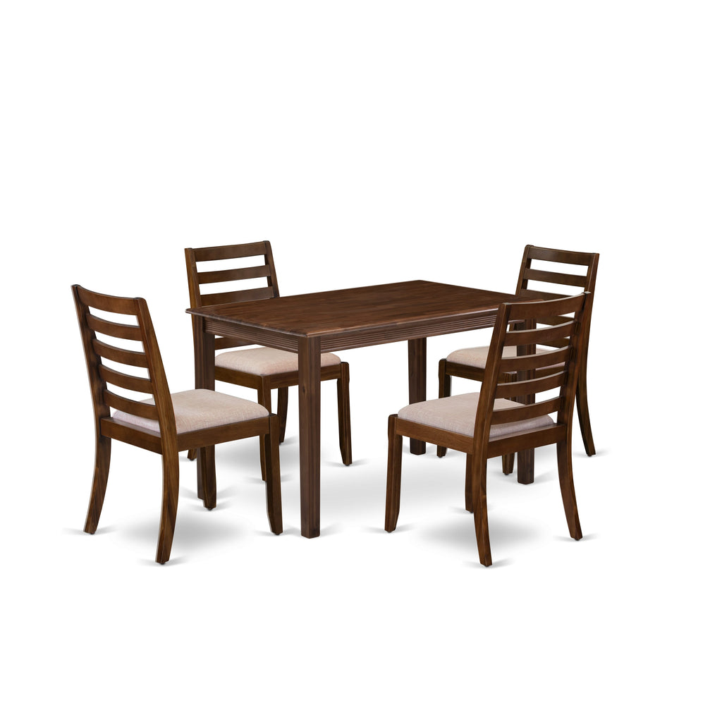 YAX15-JYI-EM Unique 5-Piece Dining Set Antique Walnut Table & Stackable Chairs with Light Tan Linen