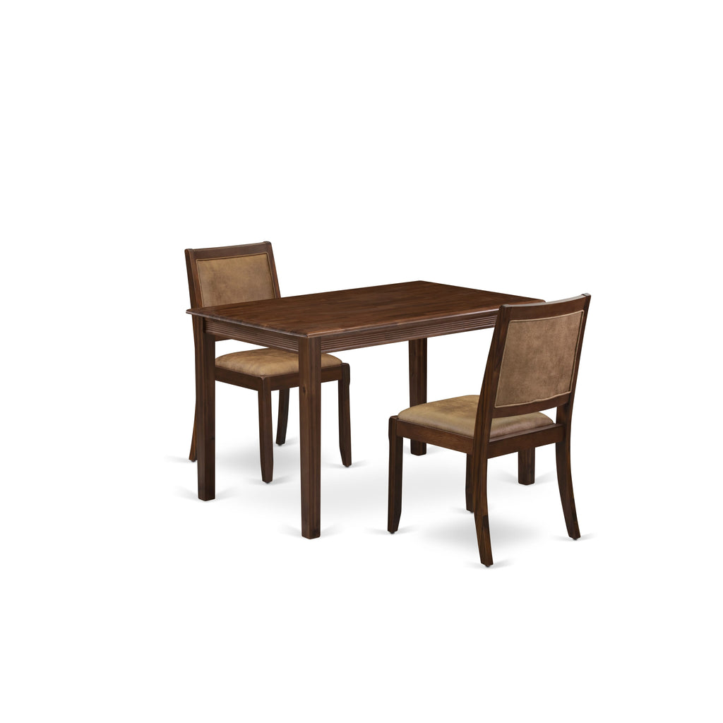 YAX23-SVF-6N 3-Piece Dining Ensemble Vintage Walnut Table & 2 Brown Faux Leather Stackable Chairs